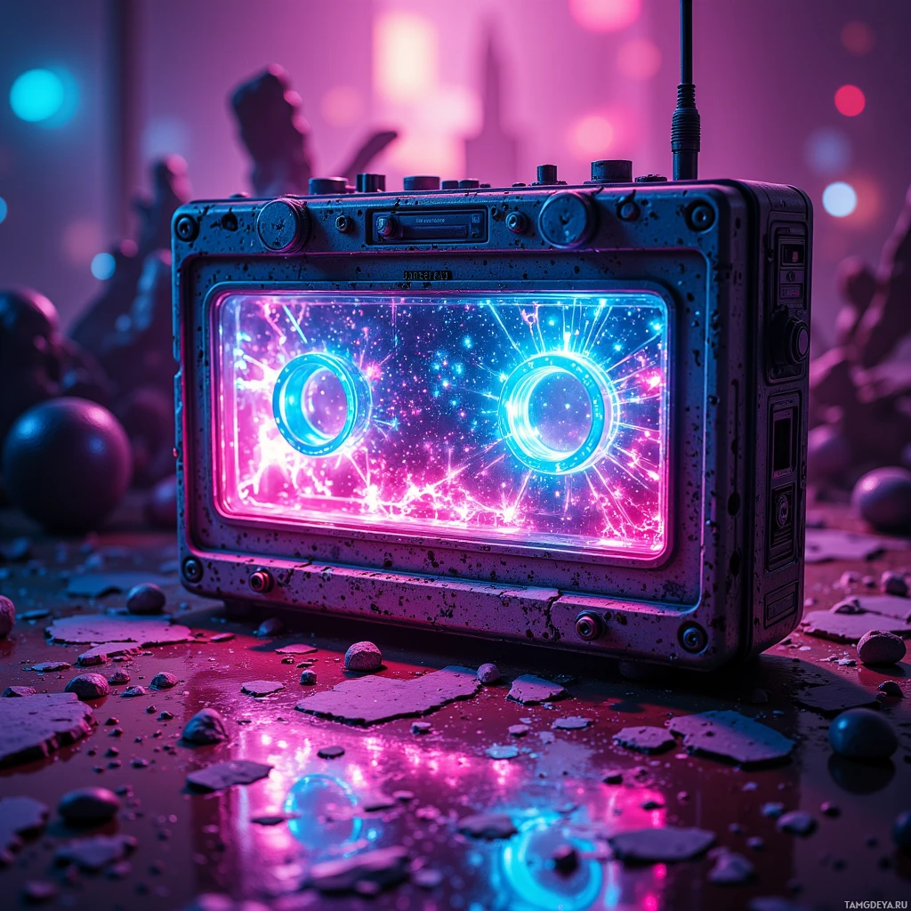 A futuristic, glowing cassette tape player with vibrant neon lights and a rugged, metallic exterior.