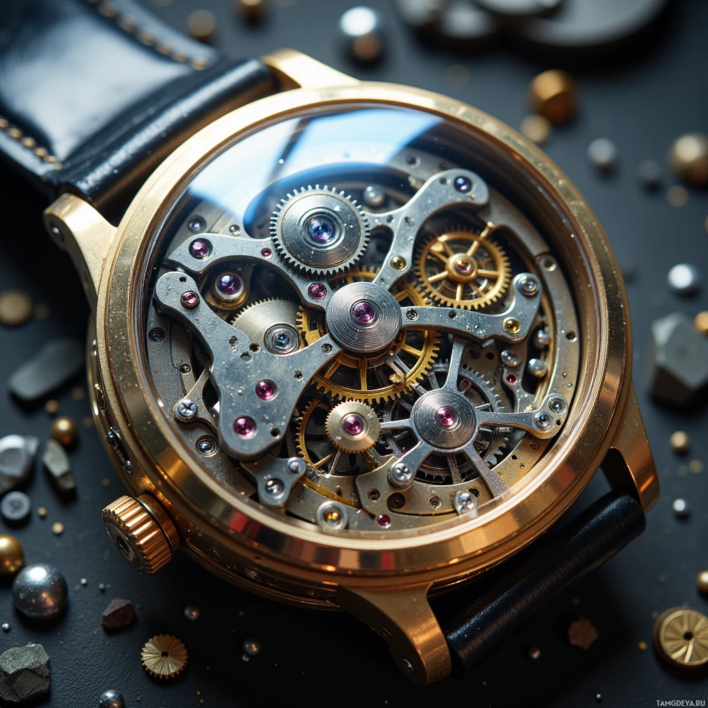 A close-up view of a gold mechanical watch with intricate gears and a black leather strap.