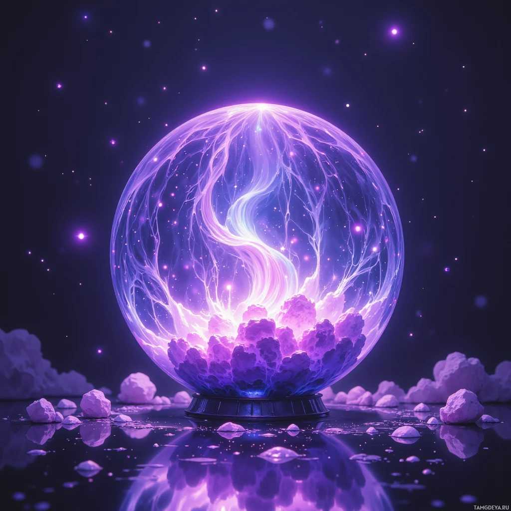 A glowing, ethereal sphere with intricate, branching patterns and a reflection on a dark surface.