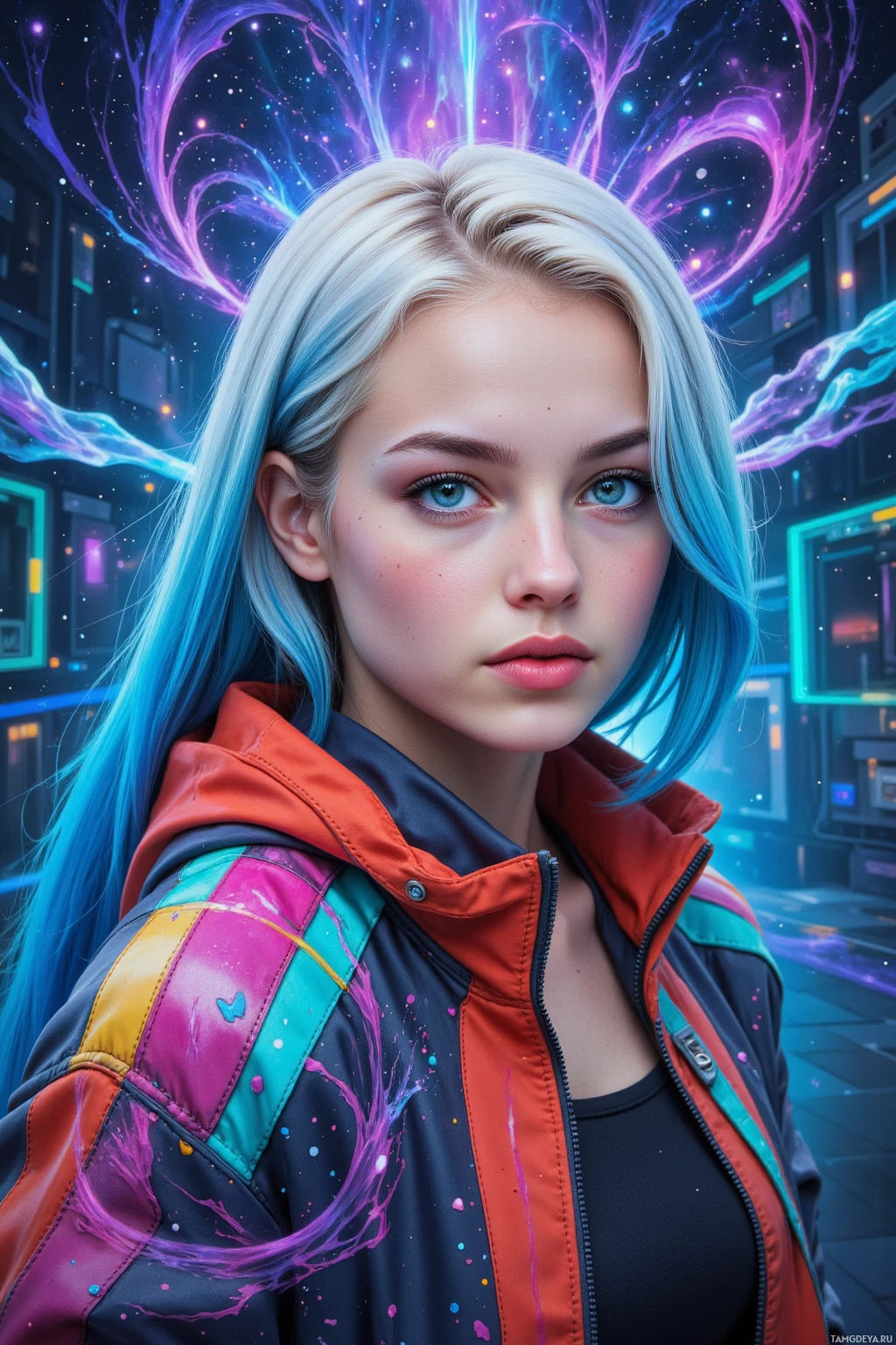 A person with blue and white hair stands in a futuristic, neon-lit environment.