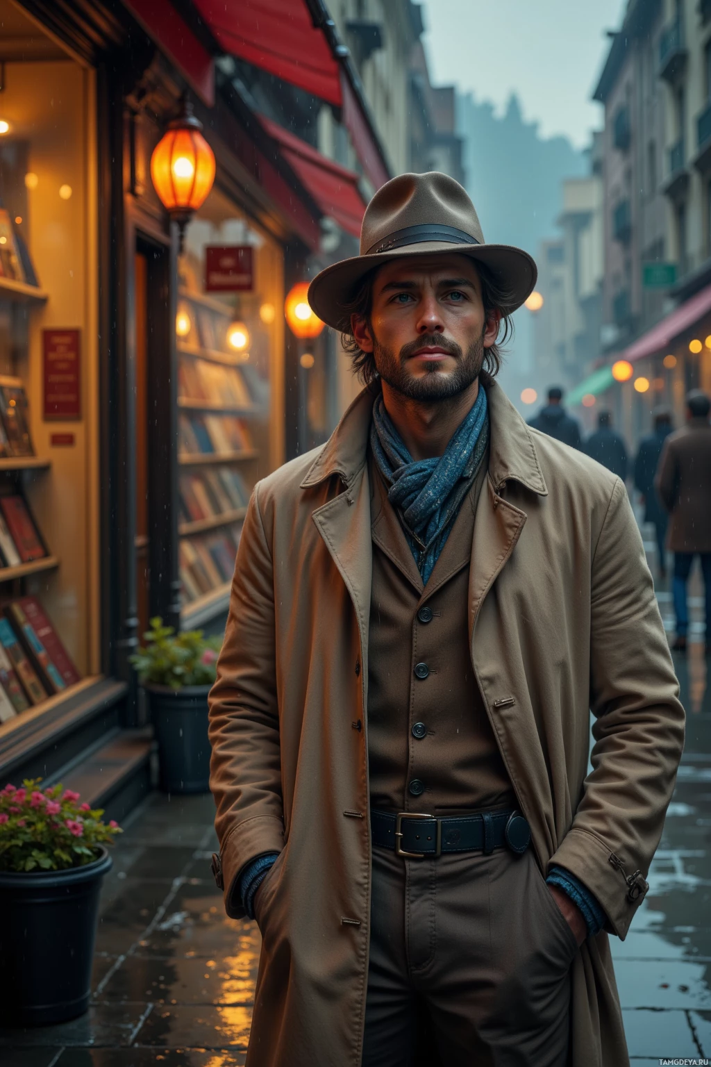 A man in a trench coat and fedora stands on a rainy street, looking directly ahead.