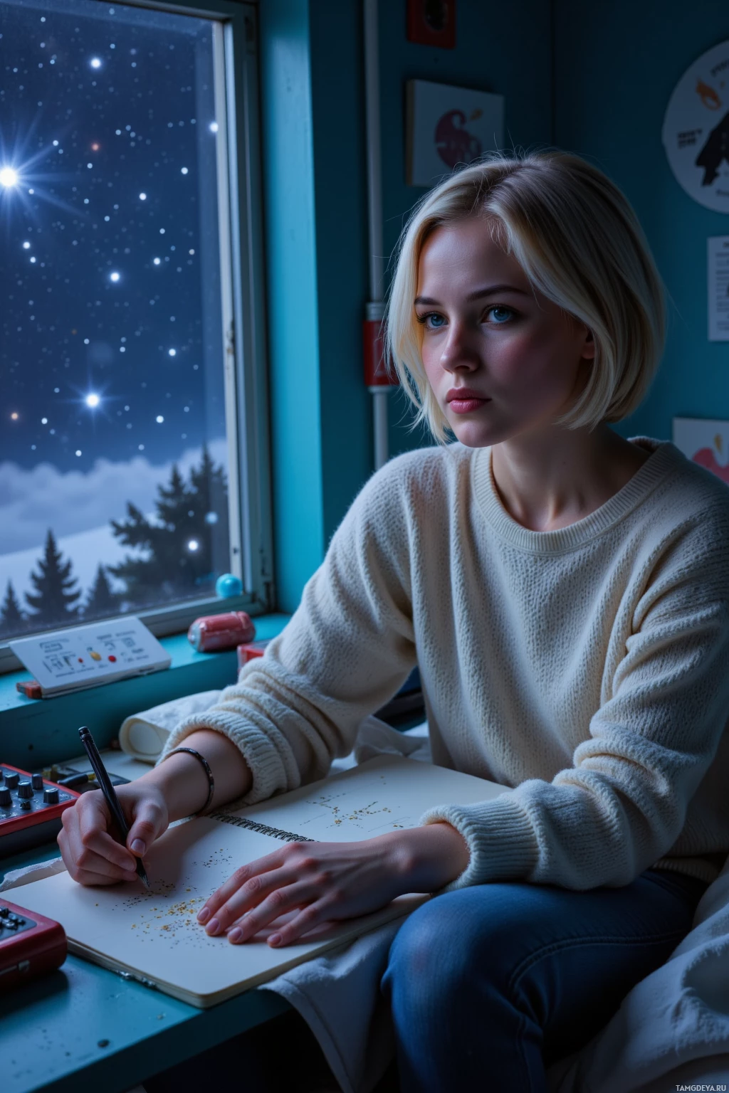 A person sits at a desk by a window, writing in a notebook.