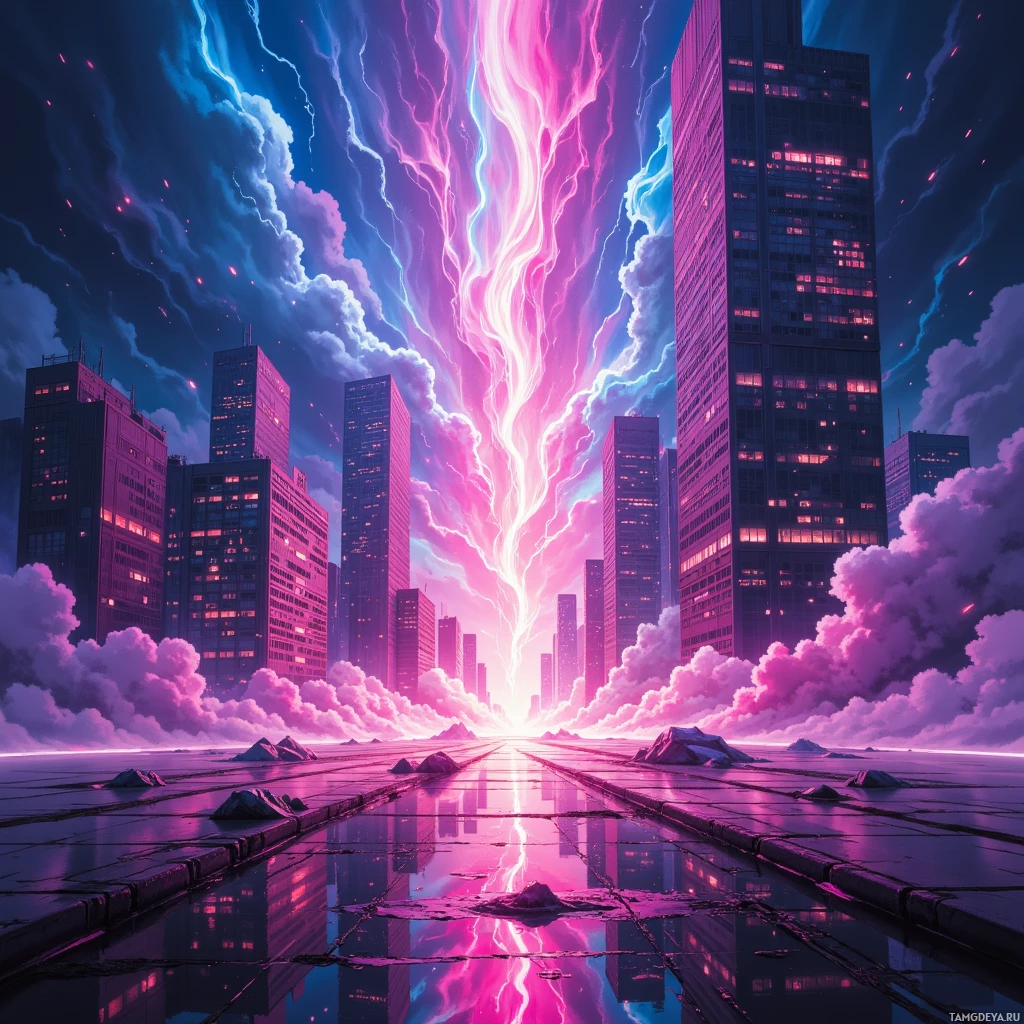 A futuristic cityscape with vibrant pink and blue lightning streaks in the sky.