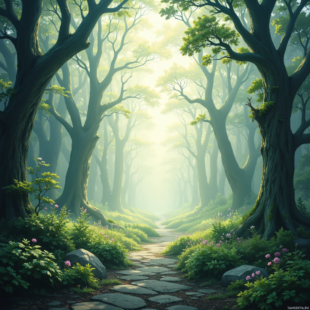 A serene forest scene with a stone path leading through tall trees and blooming flowers.