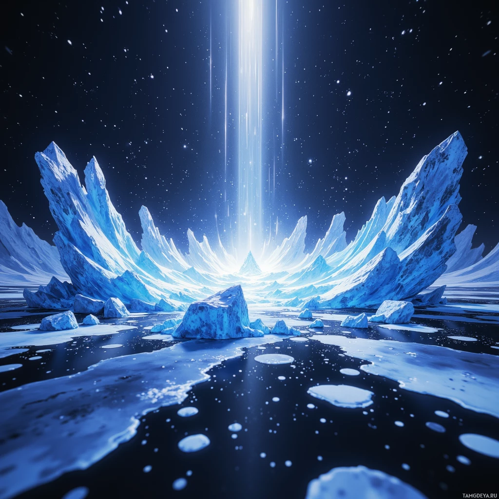 A serene icy landscape with towering ice formations and a radiant light beam piercing the night sky.