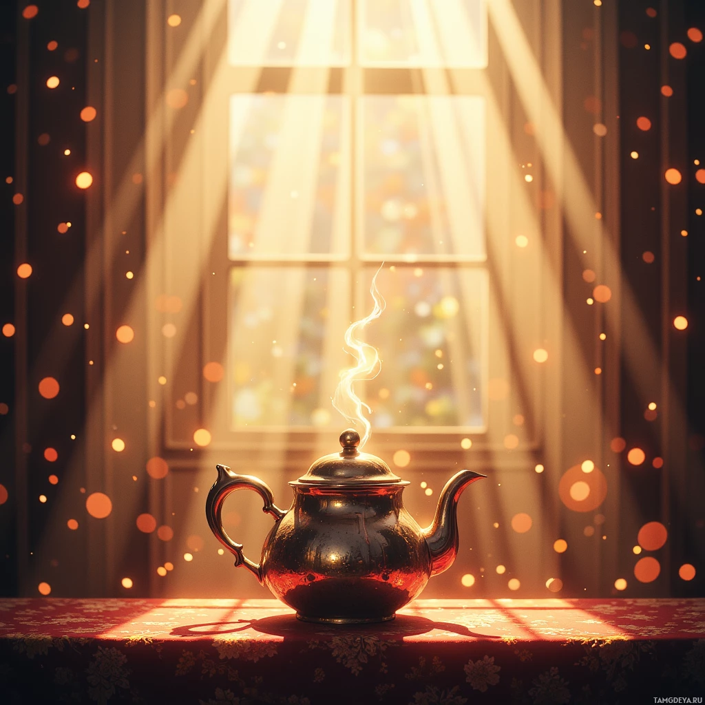 A teapot sits on a table with sunlight streaming through a window, casting a warm glow.