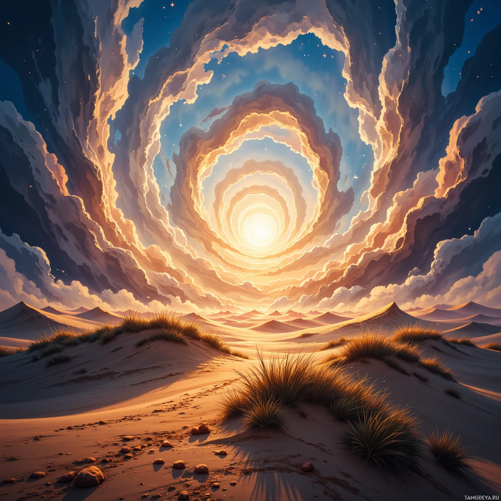 A surreal desert landscape with a swirling cloud formation in the sky.