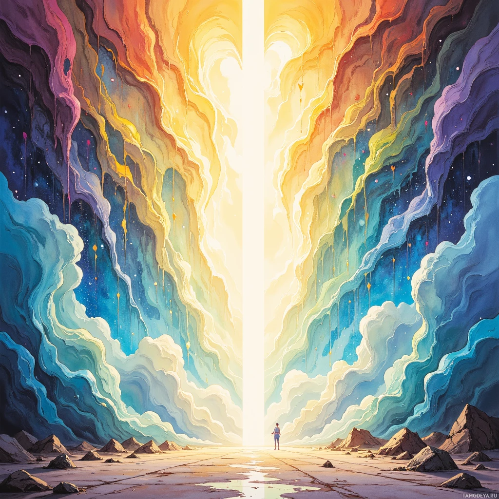 A vibrant, abstract painting featuring swirling colors and a figure standing at the entrance of a bright, glowing portal.