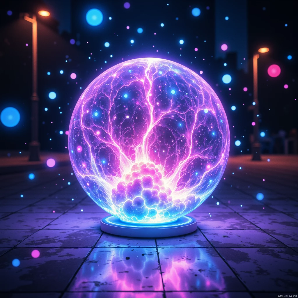 A glowing, electric sphere with intricate patterns sits on a tiled surface, surrounded by floating particles.