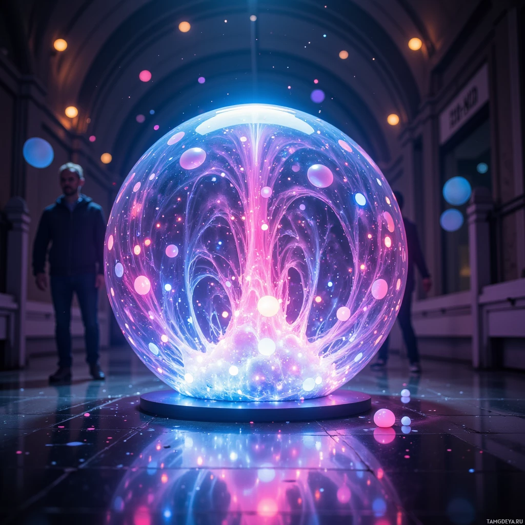 A glowing, colorful sphere with intricate patterns and reflections in a dimly lit hallway.