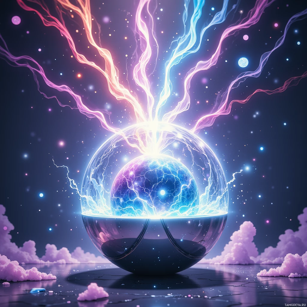 A glowing, electric sphere emits vibrant, colorful energy streams against a starry night sky.