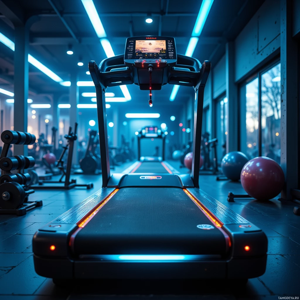 A modern treadmill in a dimly lit gym with blue ambient lighting.