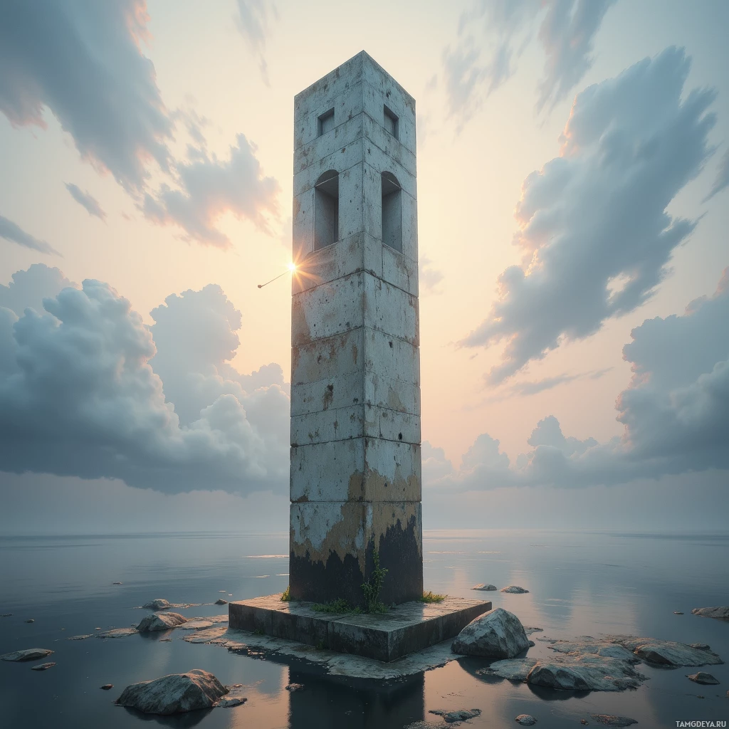 A weathered concrete tower stands on a rocky shore under a partly cloudy sky.