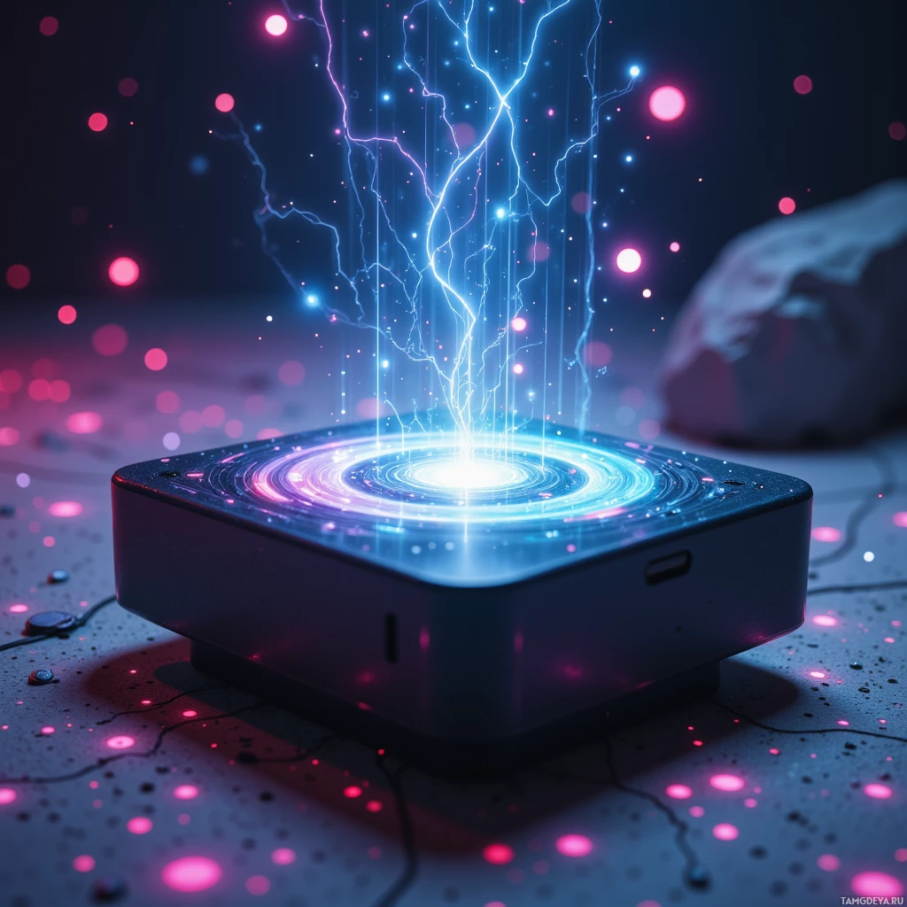 A futuristic device emits glowing blue and pink energy beams against a dark background.