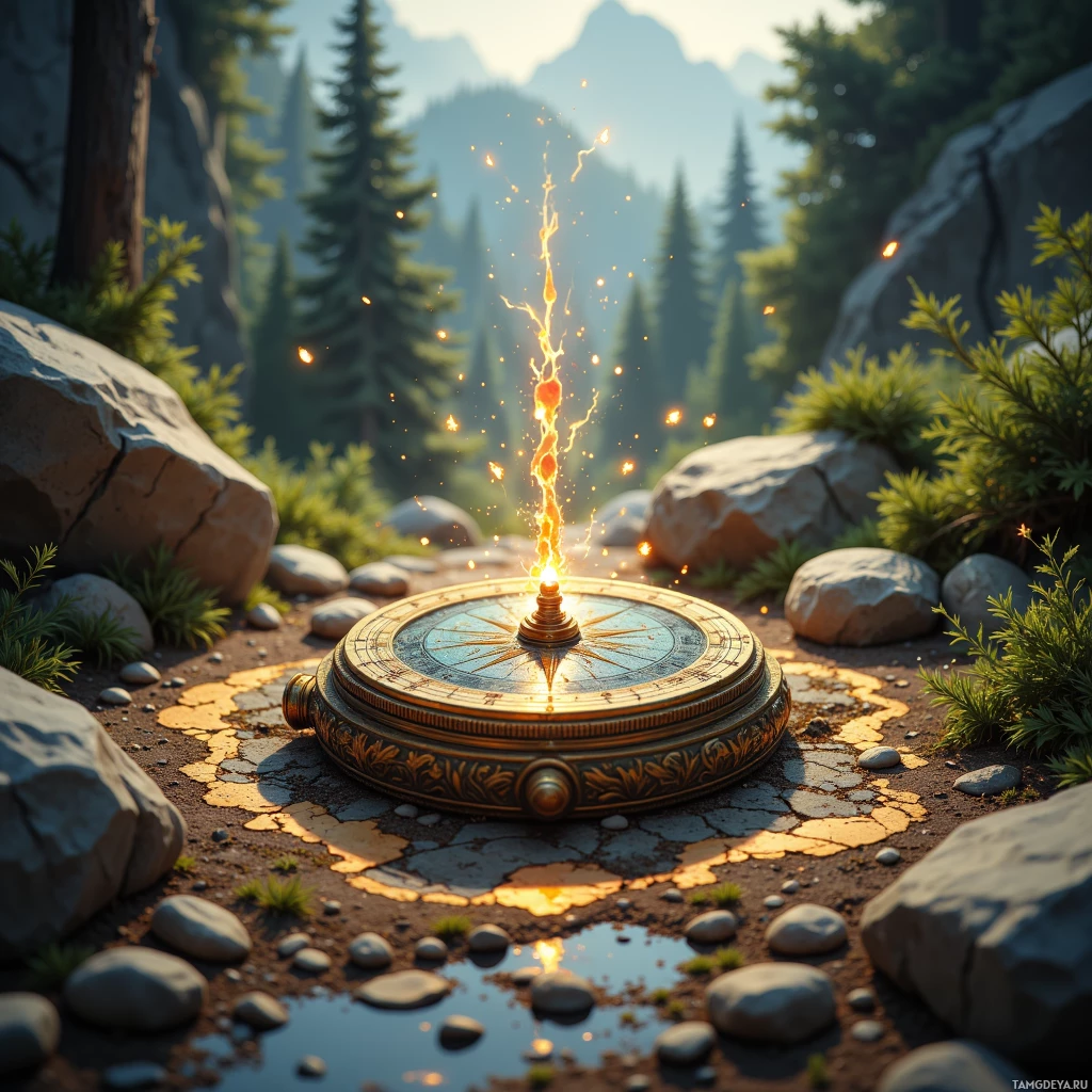 A compass with a glowing center sits on a rocky ground surrounded by trees and mountains.