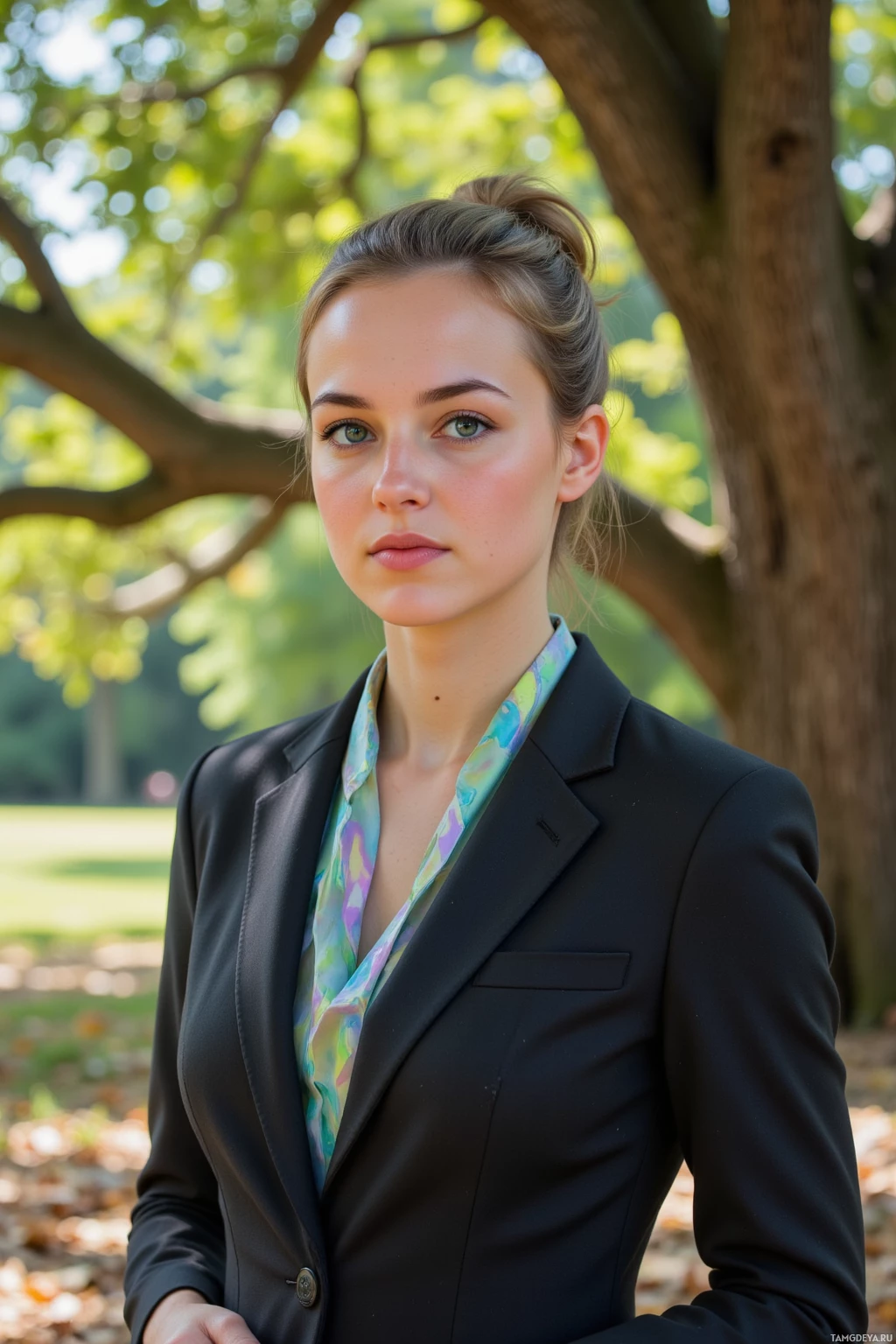 A woman in a black blazer and colorful shirt stands outdoors under a tree.