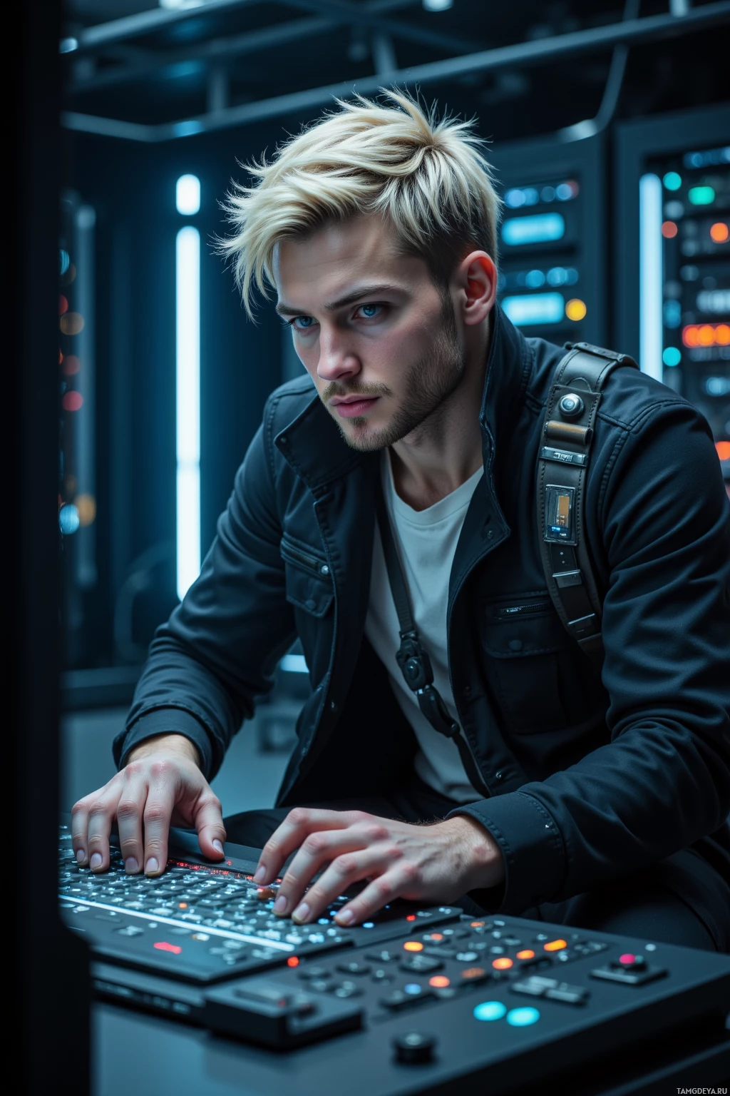 A person with blonde hair is working at a control panel in a dimly lit environment.