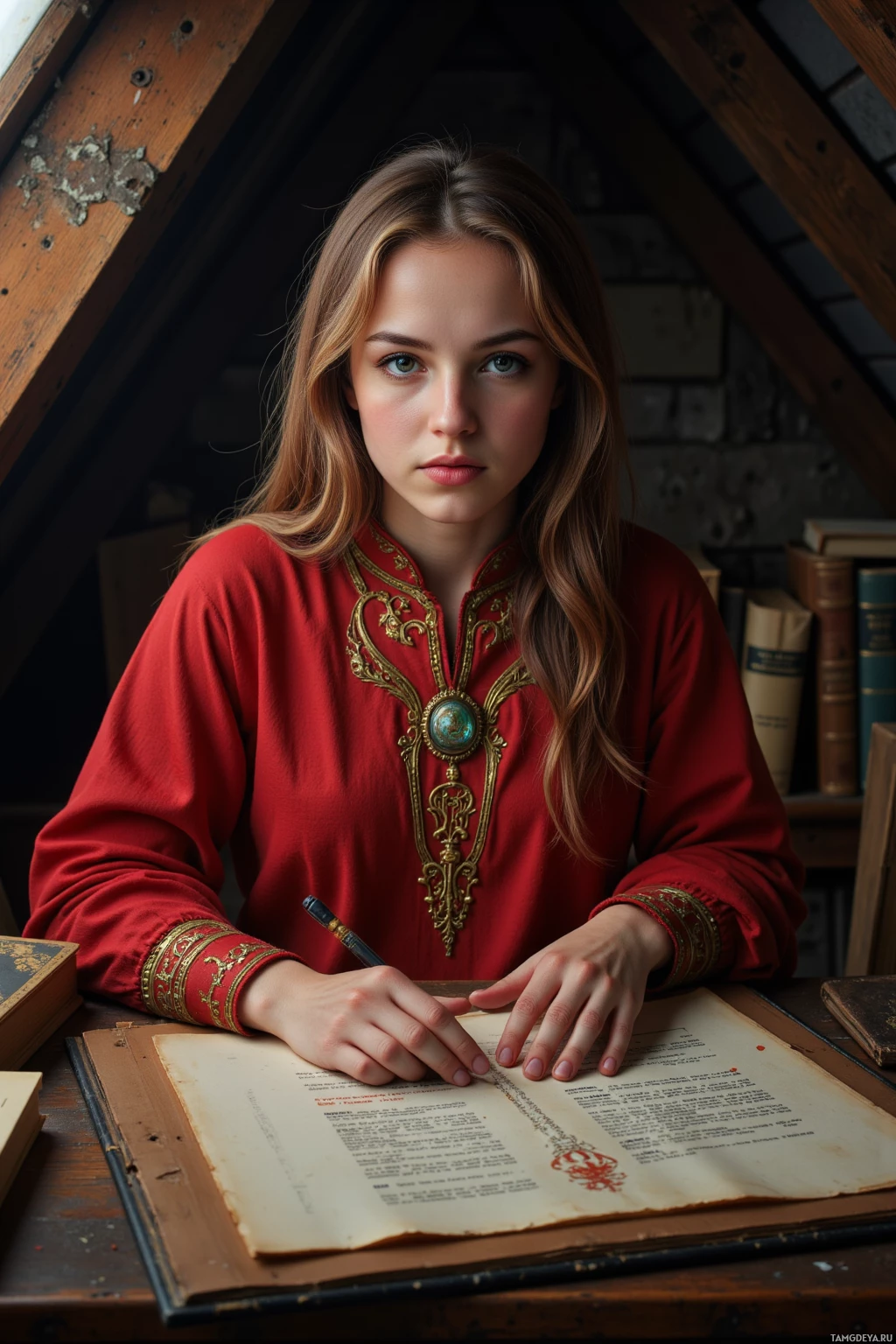 A person in a red, ornate top sits at a desk with an open book and a quill pen.