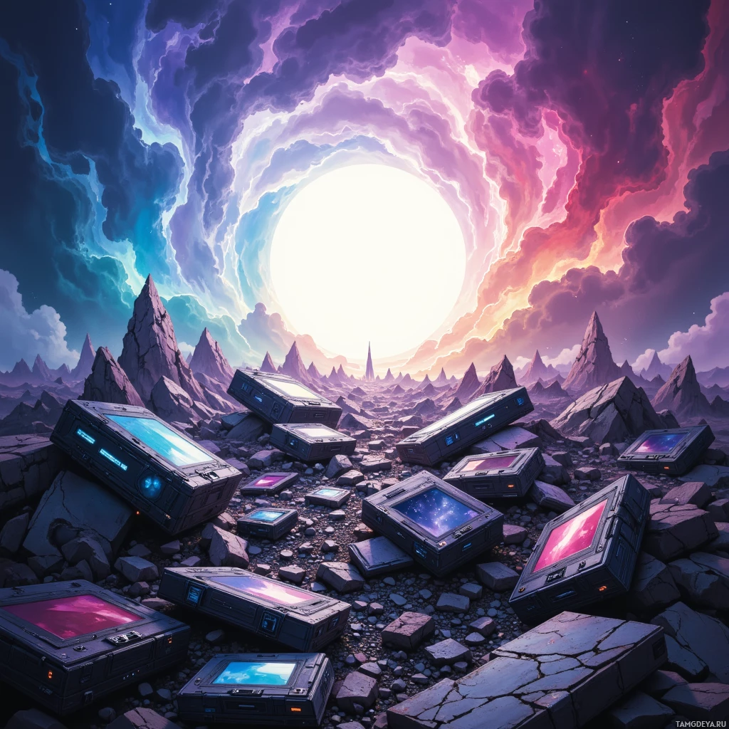A surreal landscape featuring a glowing portal surrounded by jagged rock formations and futuristic crates.