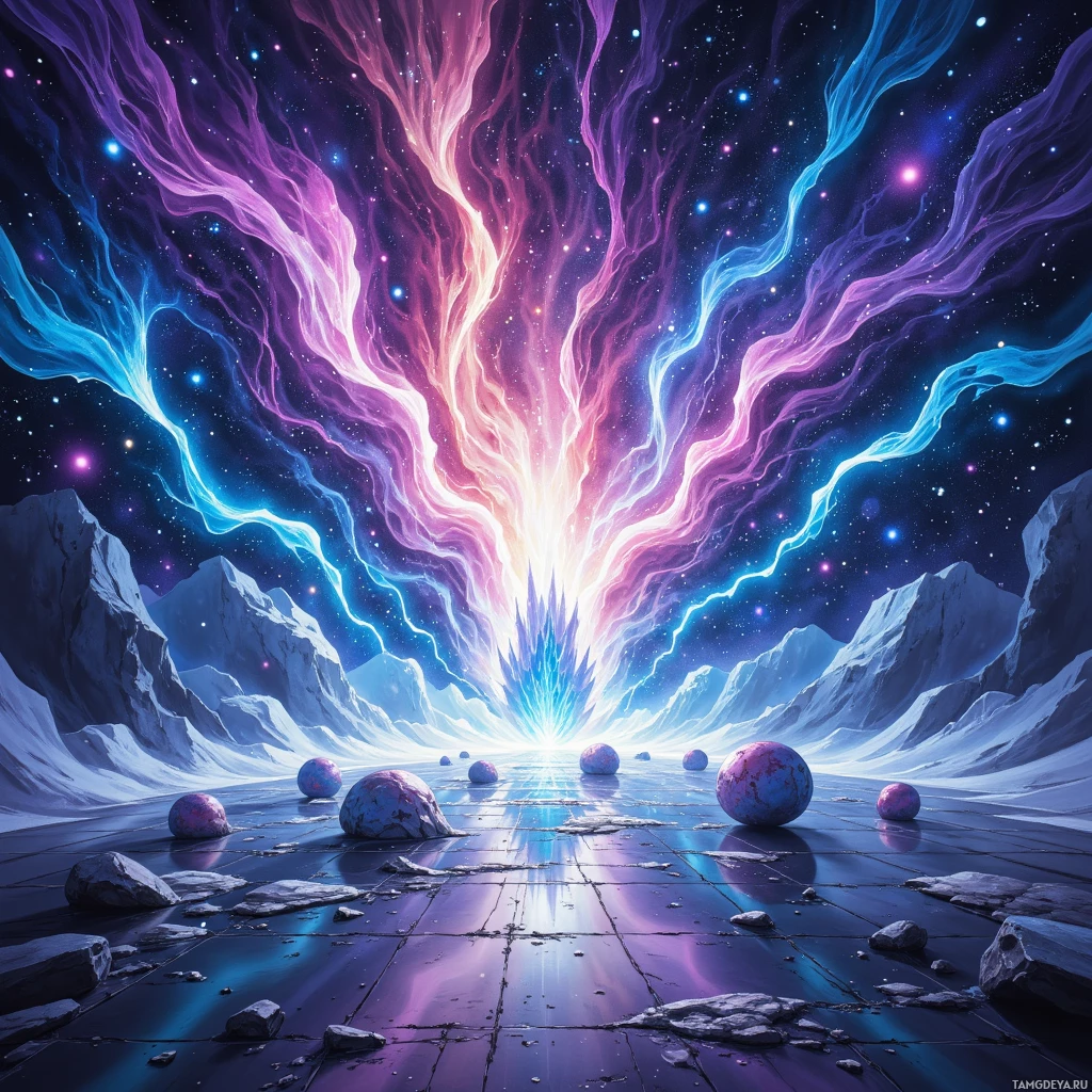 A vibrant cosmic scene with glowing energy streams and icy landscapes.