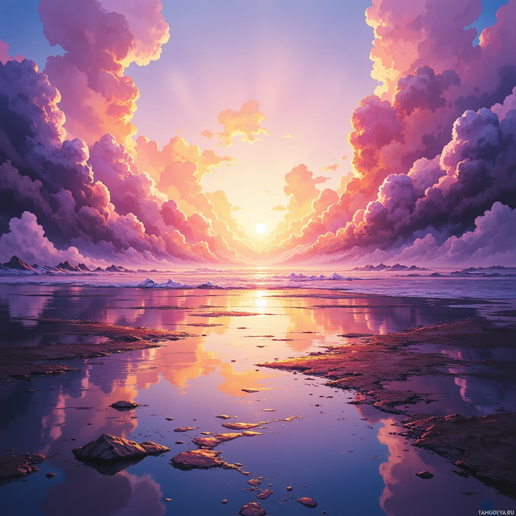 A serene sunset scene with vibrant pink and purple hues reflected in calm waters.