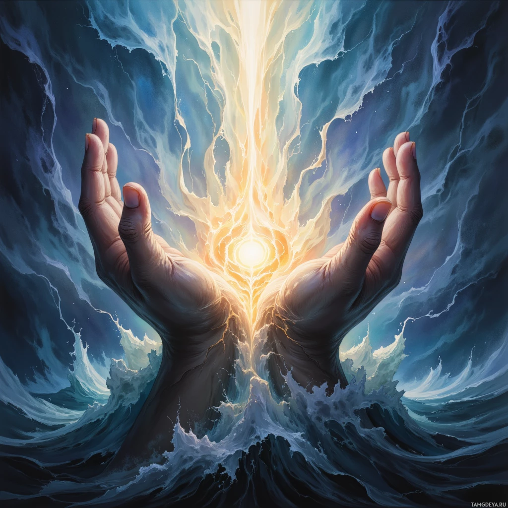 Two hands reach upwards, surrounded by swirling energy and waves, symbolizing power and creation.