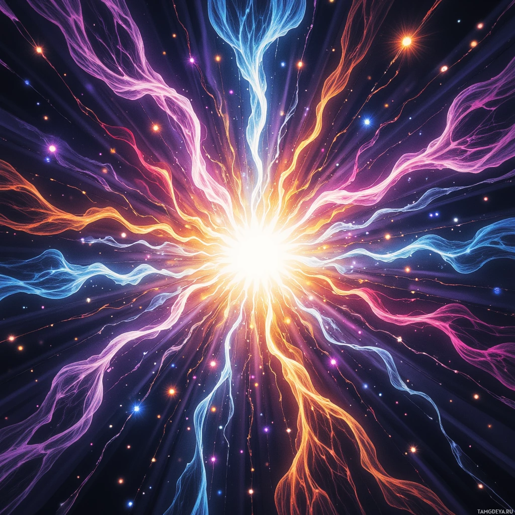 A vibrant cosmic explosion with radiant streams of light and colorful particles.