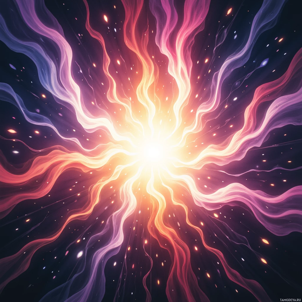 A vibrant cosmic explosion with radiant, wavy light beams and scattered particles.