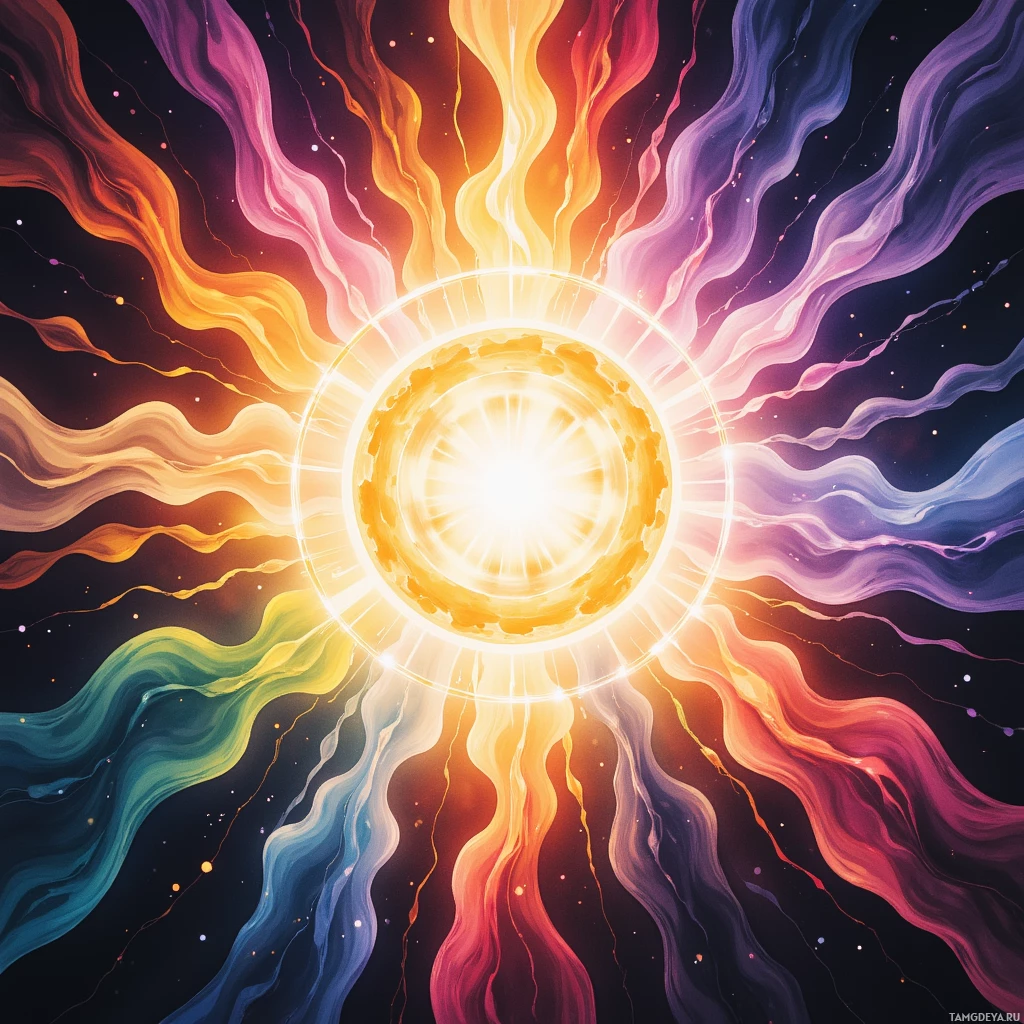 A vibrant, abstract image featuring a radiant, glowing center surrounded by swirling, colorful energy streams against a dark background.