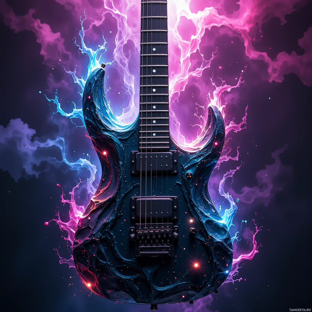 A vibrant, electric guitar with glowing lightning effects and a cosmic background.