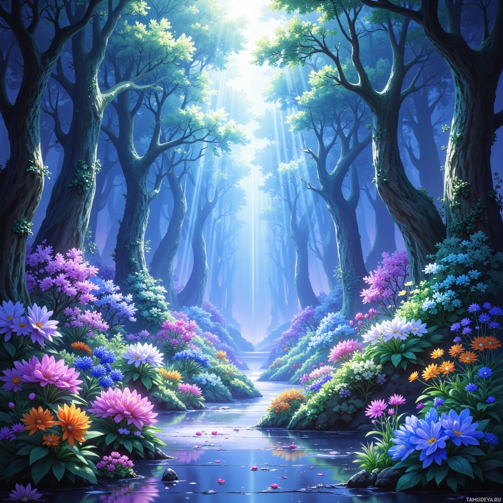 A serene forest scene with vibrant flowers and sunlight filtering through the trees.