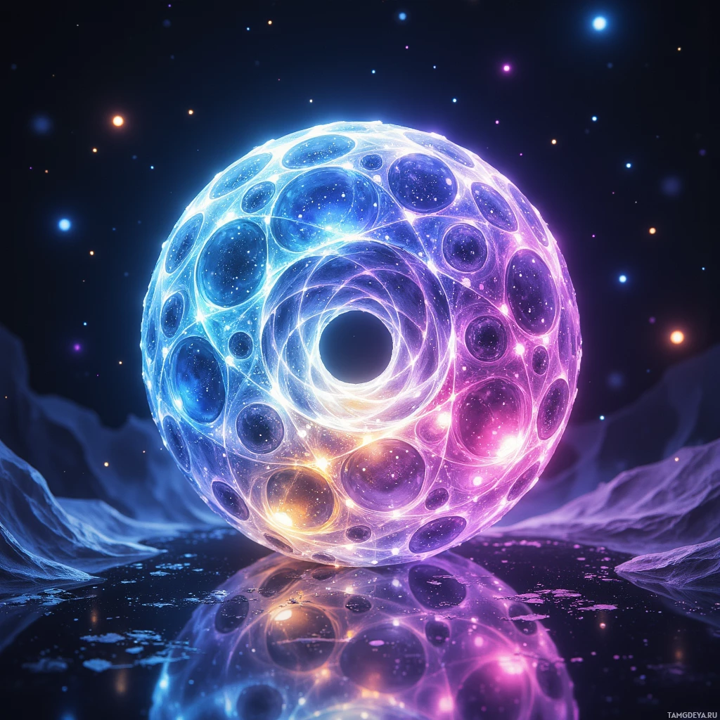 A glowing, intricate sphere with a cosmic design, set against a starry background.