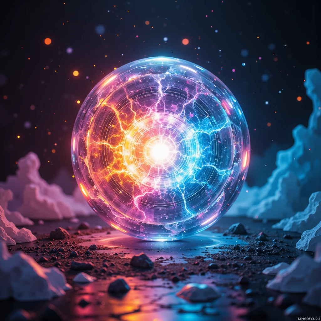 A glowing, multicolored sphere with electric-like patterns sits on a rocky surface against a dark, starry background.