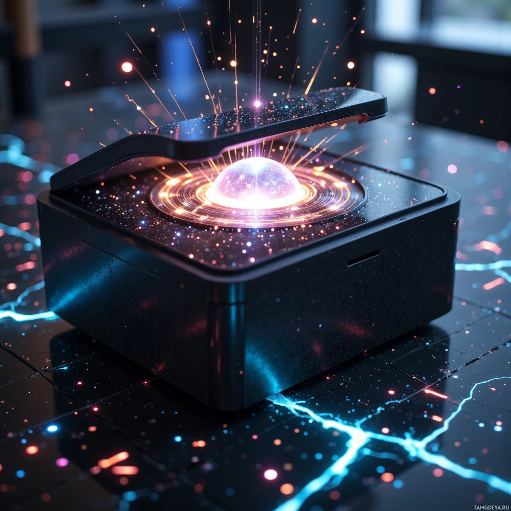 A futuristic device with glowing particles and a central light emitting a cosmic display.