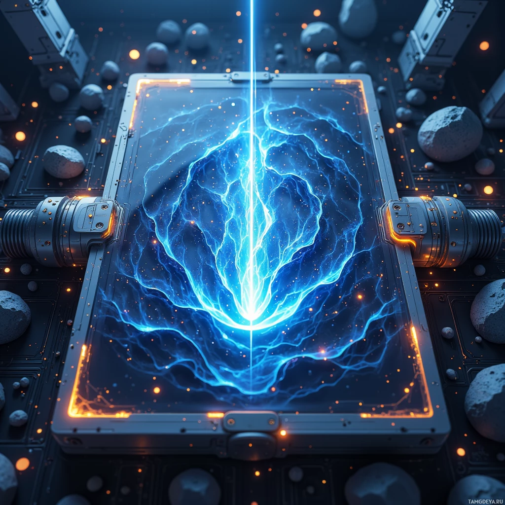 A futuristic device with glowing blue energy and orange accents.
