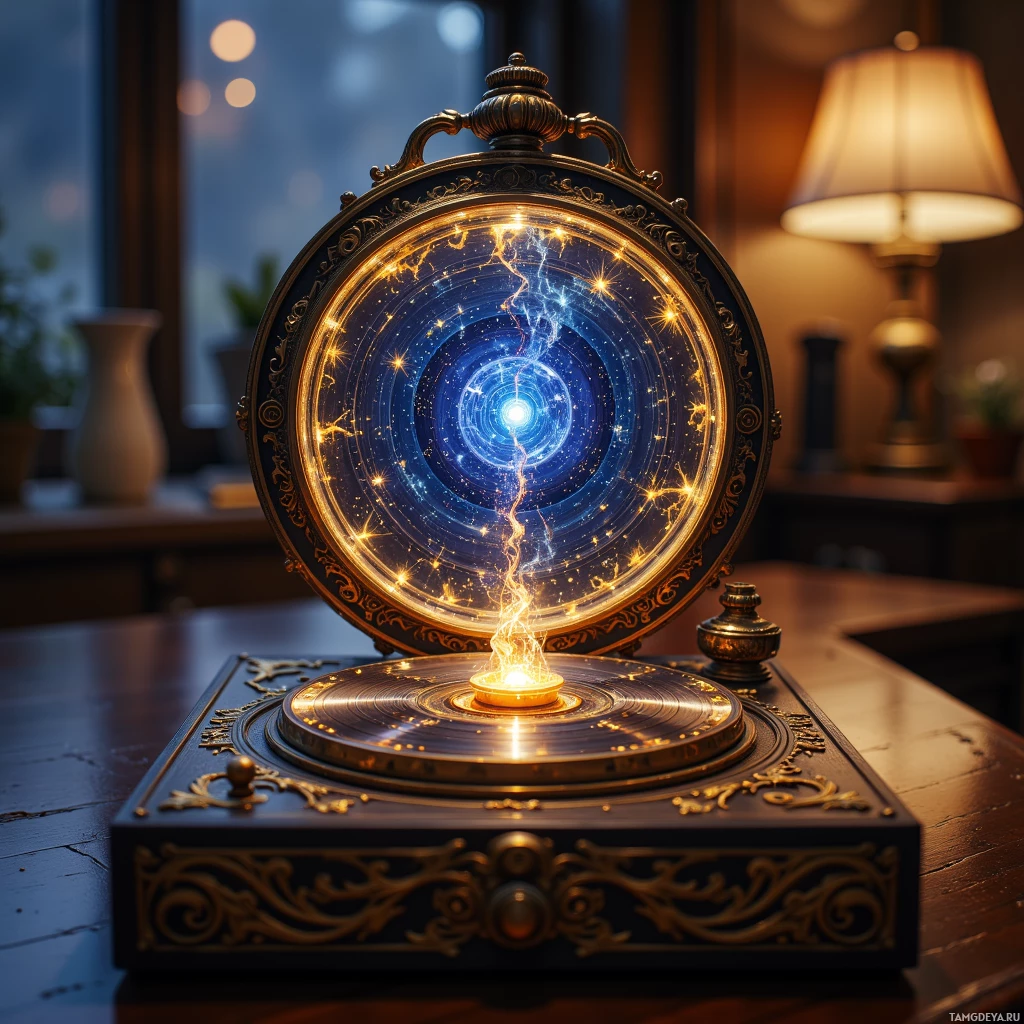 A decorative, ornate device with glowing, cosmic imagery inside is displayed on a table.