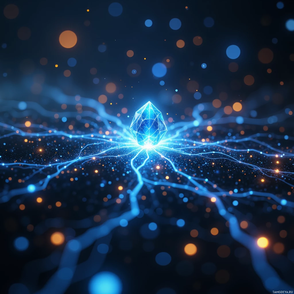 A glowing blue and orange abstract pattern with a central bright light.