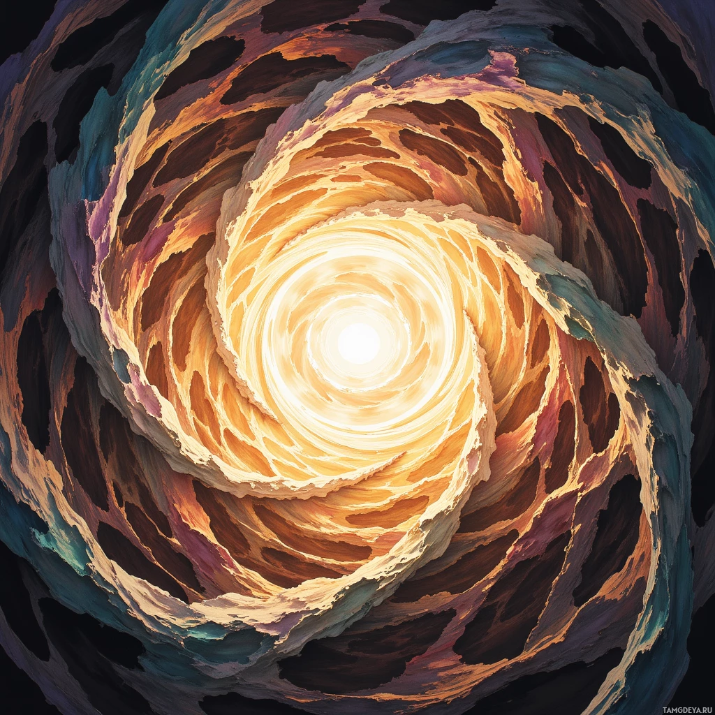 A vibrant, abstract spiral with warm and cool tones converging towards a bright center.