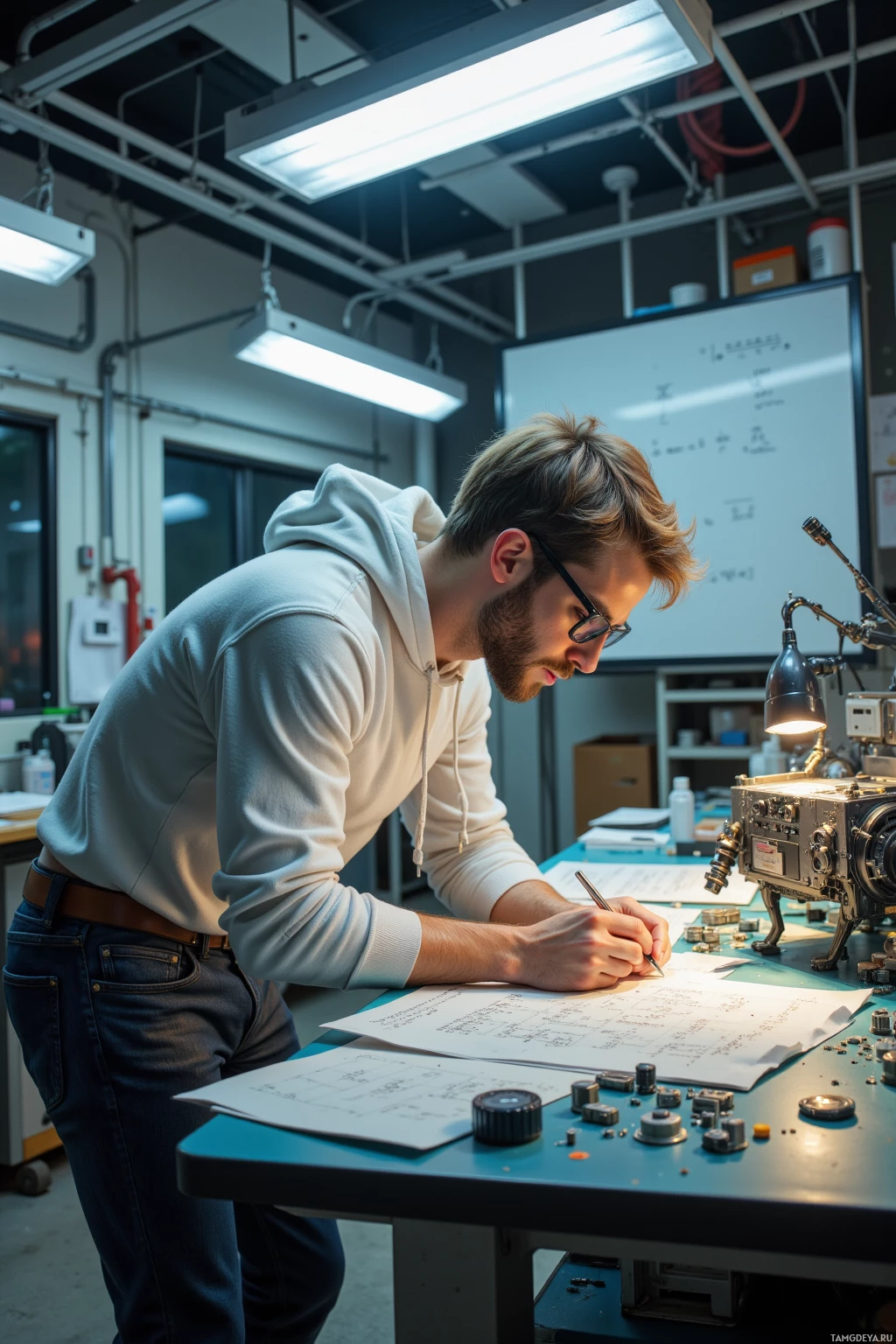A person is working on a project in a workshop, writing on a document.