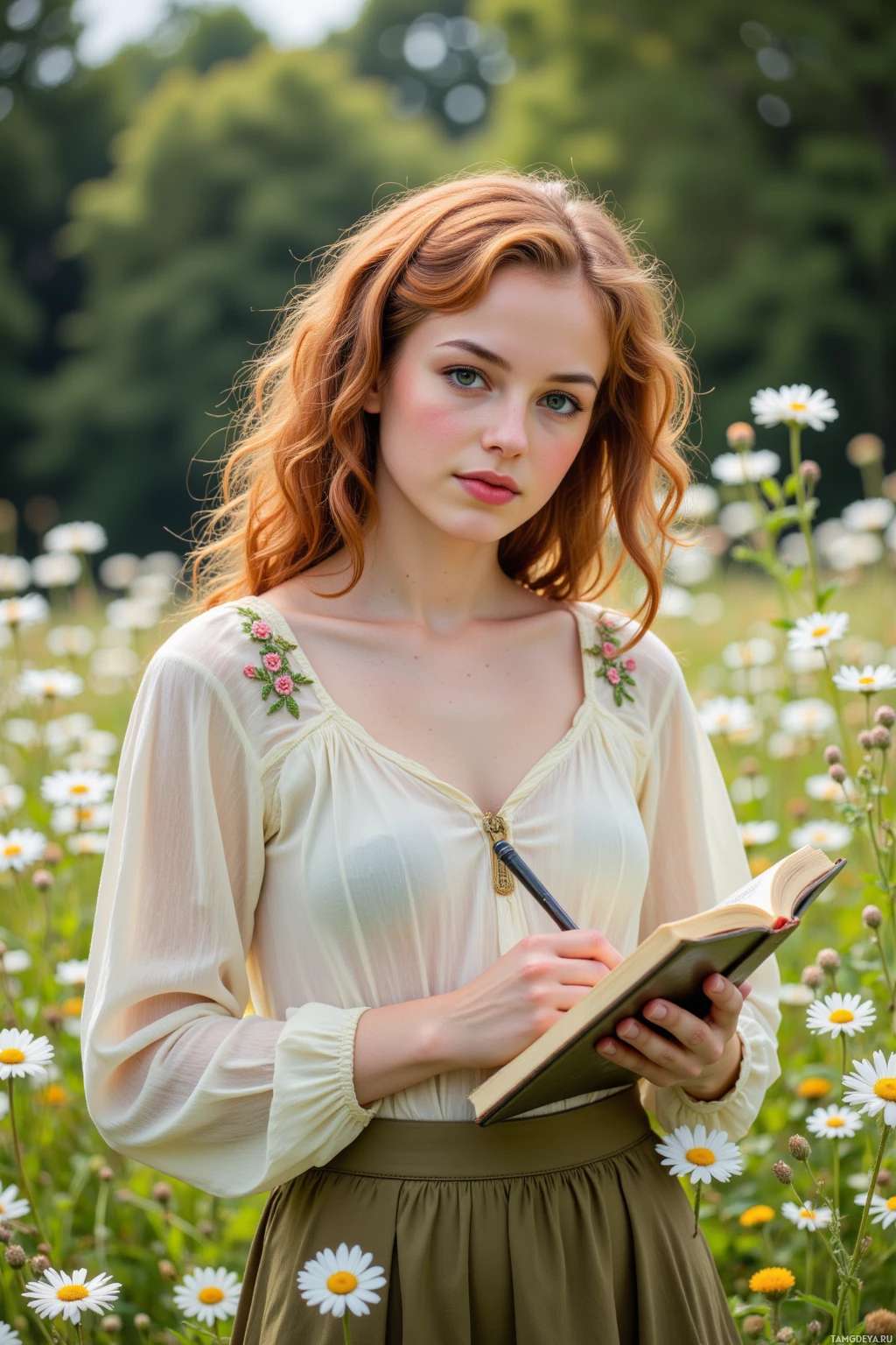 A woman in a floral dress writes in a notebook amidst a field of daisies.