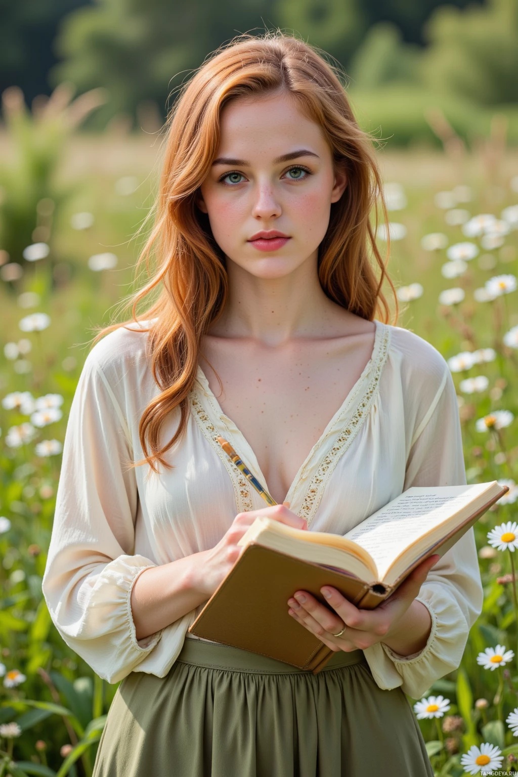 A young woman with red hair stands in a field of daisies, holding an open book.