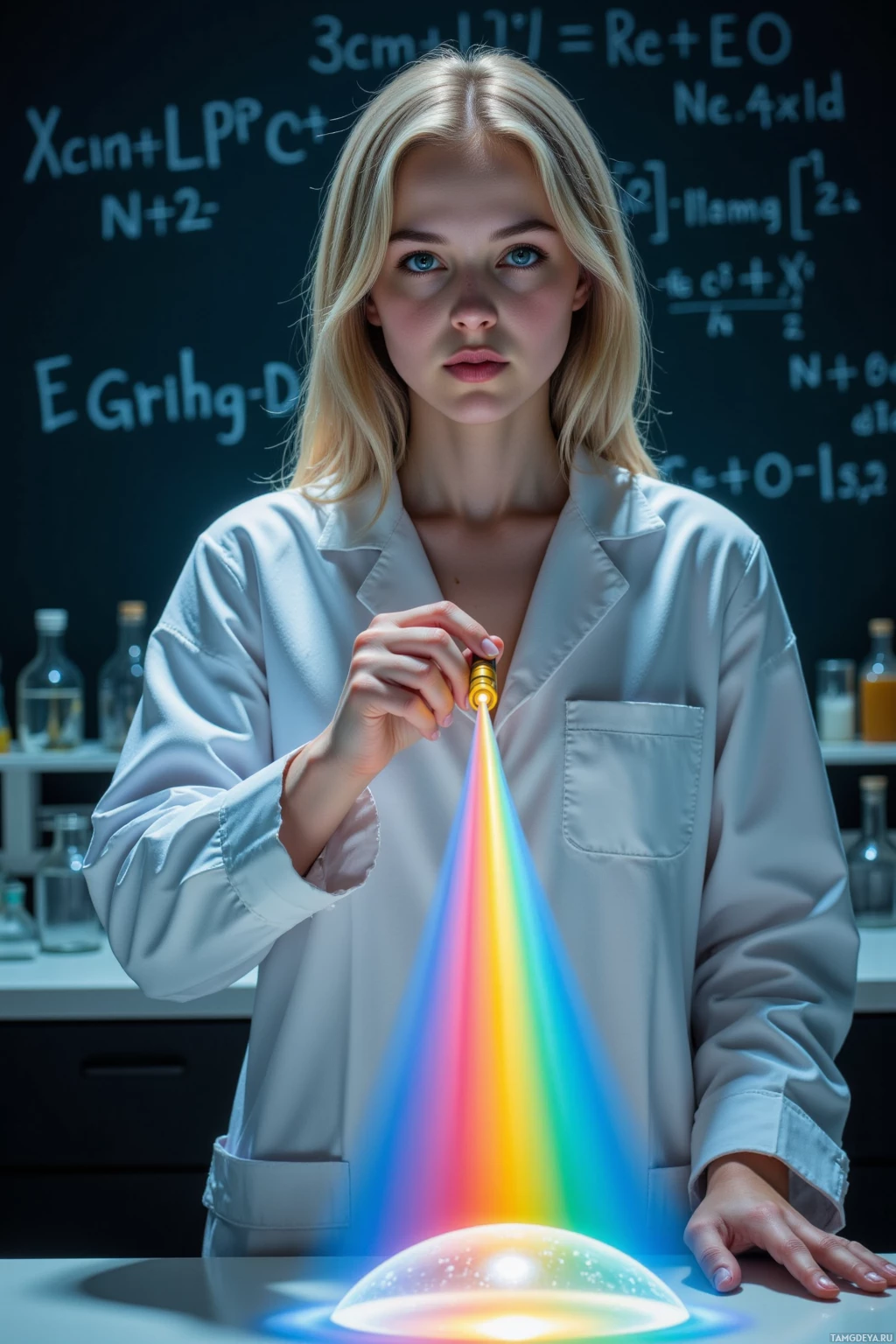 A person in a lab coat stands in front of a chalkboard with a colorful light beam emanating from a device in their hand.