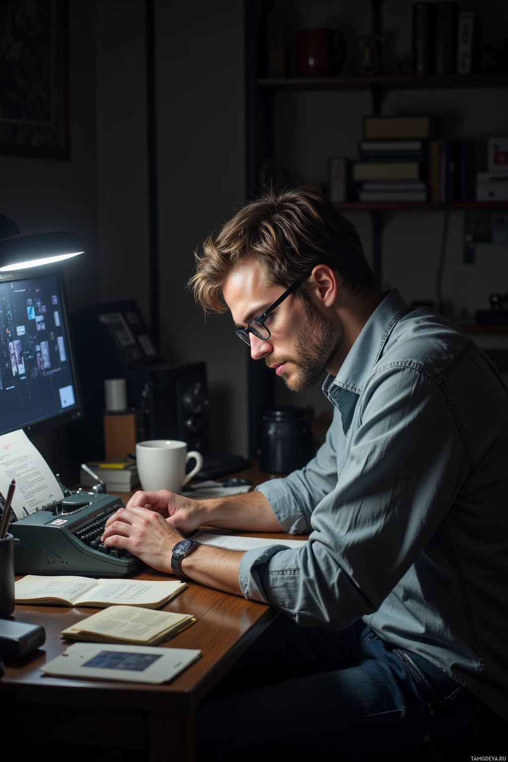 A man is sitting at a desk, working on a typewriter in a dimly lit room.
