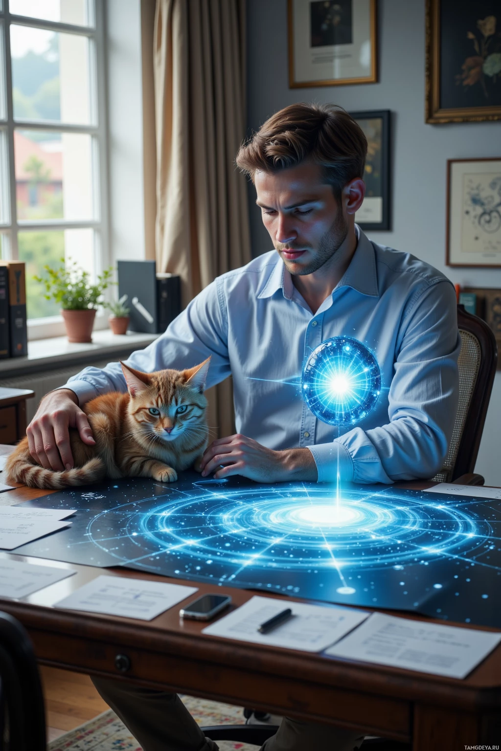 A man sits at a desk with a glowing, futuristic display and a cat resting on the table.