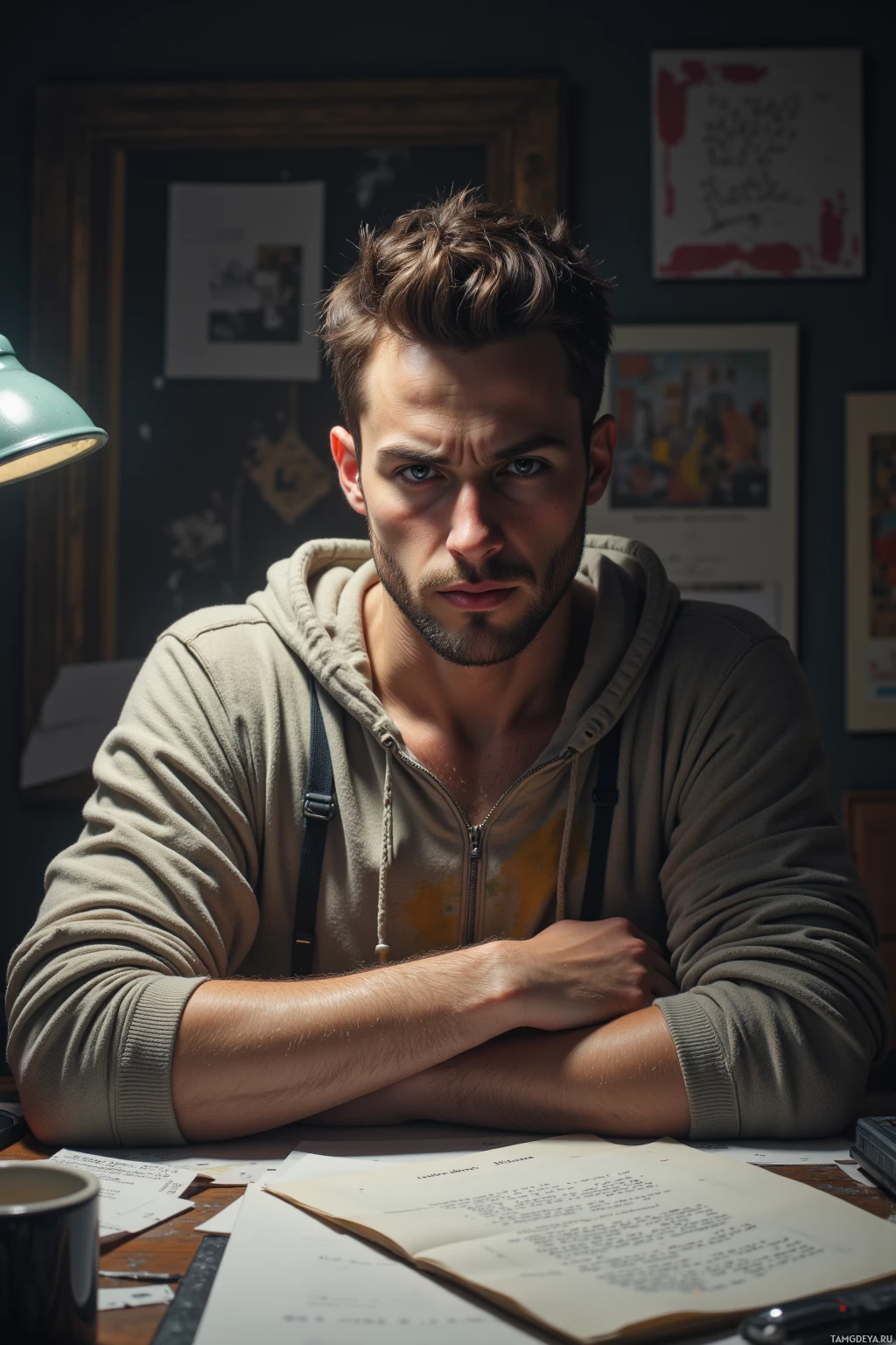 A man sits at a desk with his arms crossed, surrounded by papers and a lamp.