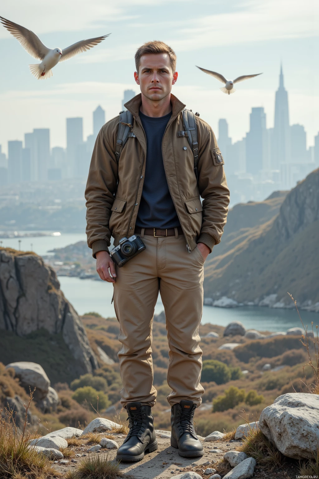 A man stands on a rocky hillside, holding a camera, with a city skyline and flying birds in the background.