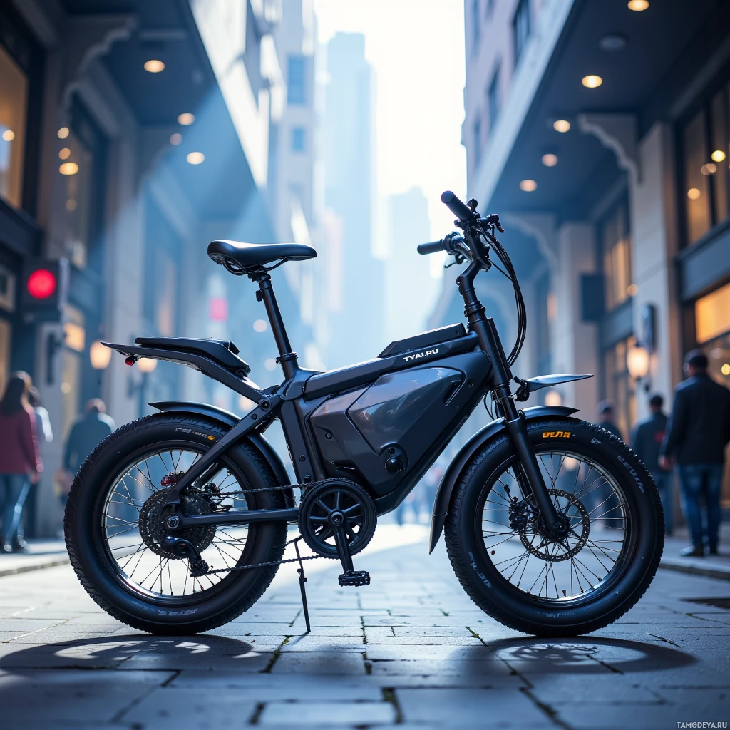 A sleek electric bicycle is parked on a city street with tall buildings and pedestrians in the background.