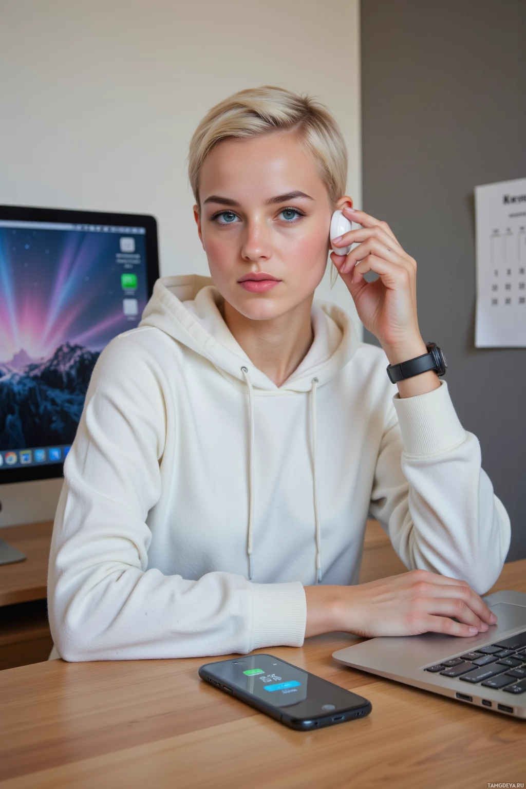 A person wearing a white hoodie and a smartwatch is seated at a desk with a laptop and a smartphone.