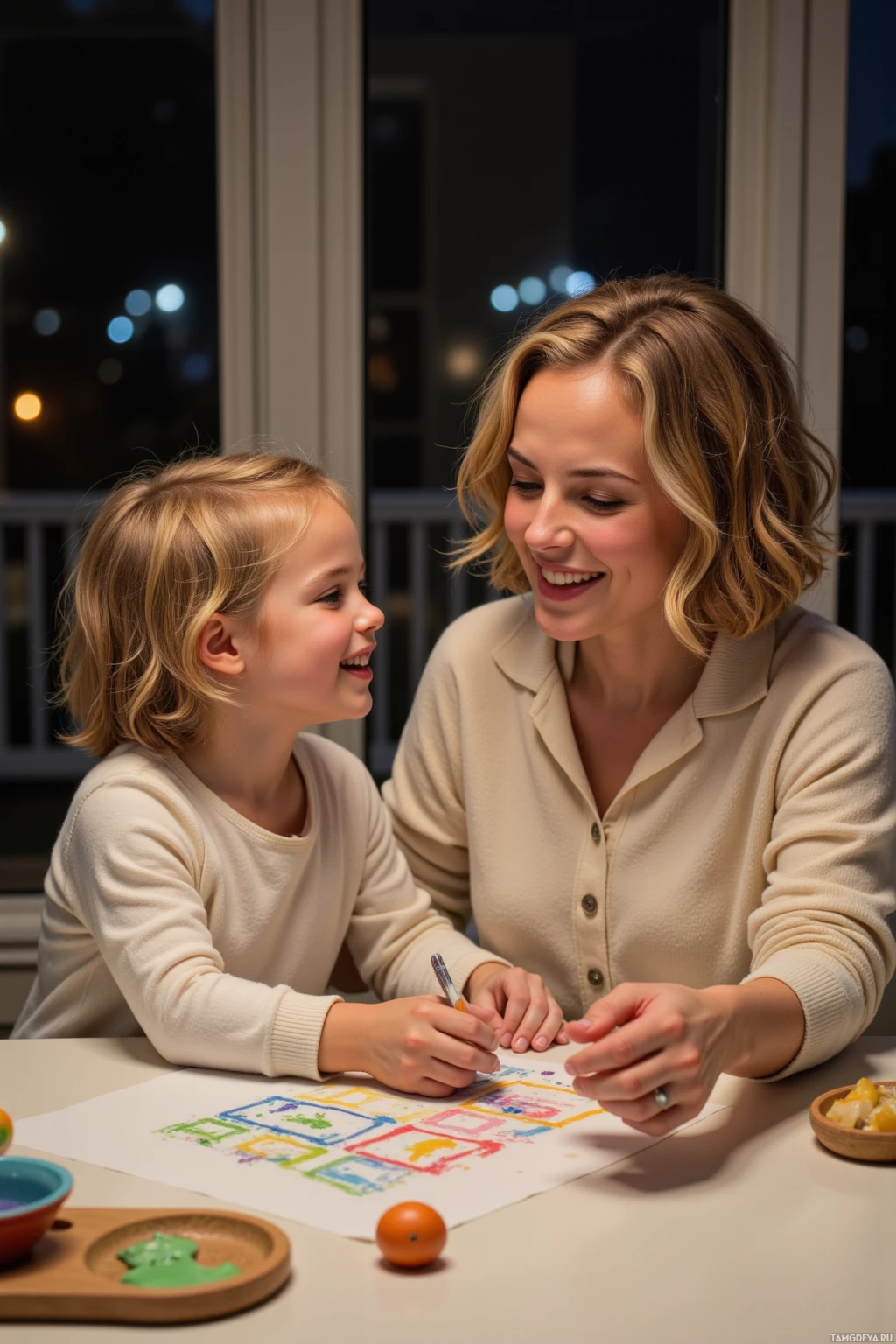 A woman and a child are engaged in a creative activity at a table, smiling and enjoying each other's company.