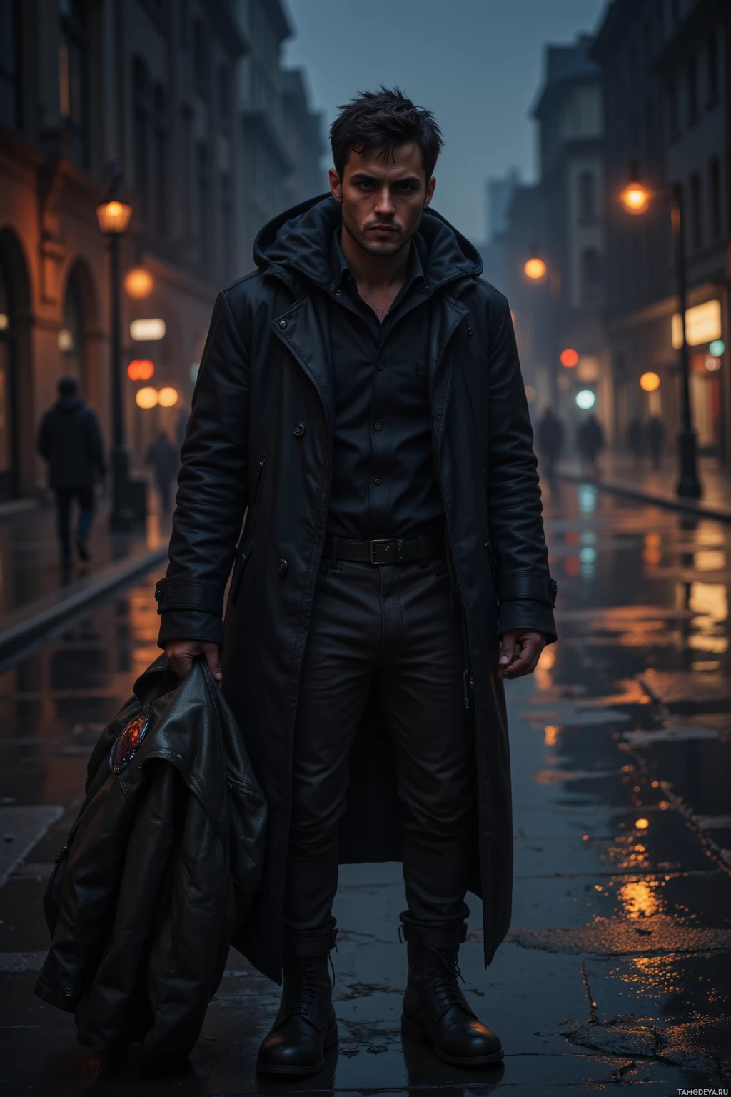 A man in a black leather trench coat stands on a wet street at dusk.